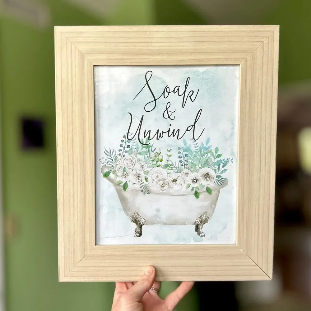 Framed Floral Soak & Unwind Relaxing Bathroom Clawfoot Tub Wall Sign